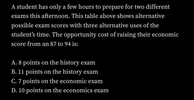 A student has only a few hours to prepare for two different
exams this afternoon. This table above shows alternative
possible exam scores with three alternative uses of the
student's time. The opportunity cost of raising their economic
score from an 87 to 94 is:
A. 8 points on the history exam
B. 11 points on the history exam
C. 7 points on the economic exam
D. 10 points on the economics exam
