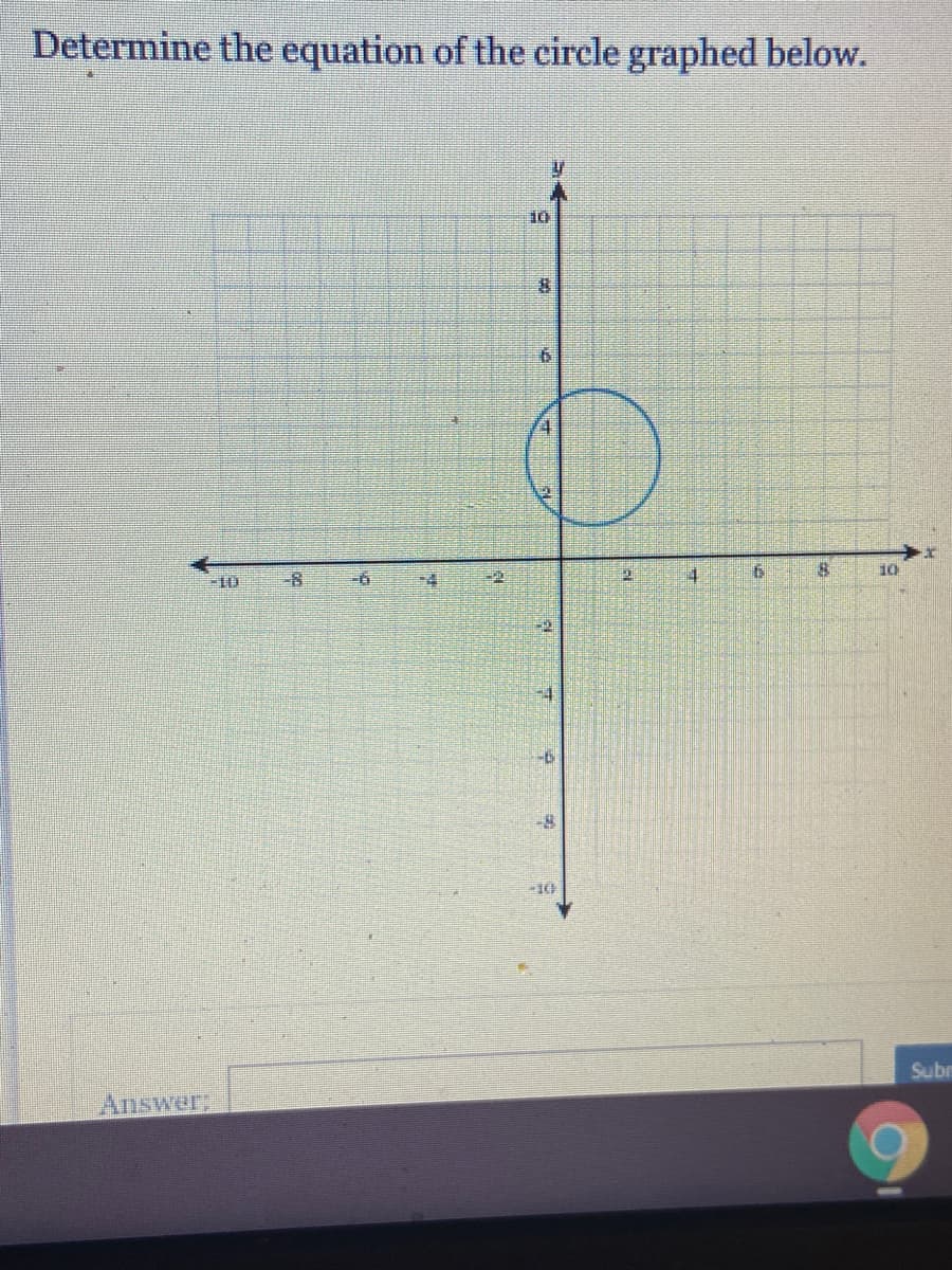 Determine the equation of the circle graphed below.
10
10
-10
-10
Subr
Answer,
