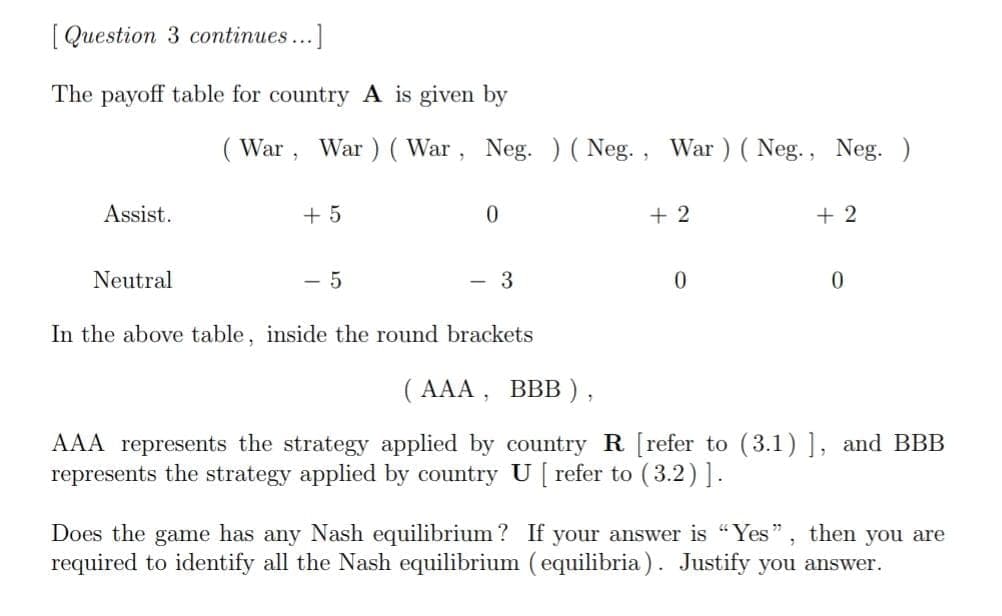 [ Question 3 continues...]
The payoff table for country A is given by
( War, War) ( War, Neg. ) ( Neg. , War ) ( Neg., Neg. )
Assist.
+ 5
0.
+ 2
+ 2
Neutral
- 5
3
In the above table, inside the round brackets
(АА , ВВB),
AAA represents the strategy applied by country R [refer to (3.1) ], and BBB
represents the strategy applied by country U [ refer to (3.2) ].
Does the game has any Nash equilibrium ? If your answer is "Yes", then you are
required to identify all the Nash equilibrium (equilibria ). Justify you answer.
