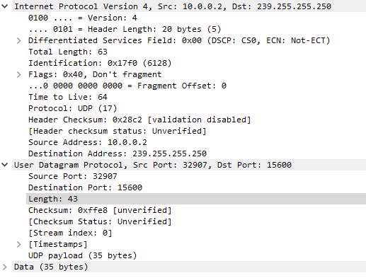 Internet Protocol Version 4, Src: 10.0.0.2, Dst: 239.255.255.250
= Version: 4
0100
.... 0101 = Header Length: 20 bytes (5)
> Differentiated Services Field: 0x00 (DSCP: CSØ, ECN: Not-ECT)
Total Length: 63
Identification: 0x17f0 (6128)
> Flags: 0x40, Don't fragment
...0 0000 0000 0000 = Fragment Offset: 0
Time to Live: 64
Protocol: UDP (17)
Header Checksum: 0x28c2 [validation disabled]
[Header checksum status: Unverified]
Source Address: 10.0.0.2
Destination Address: 239.255.255.250
✓ User Datagram Protocol, Src Port: 32907, Dst Port: 15600
Source Port: 32907
Destination Port: 15600
Length: 43
Checksum: 0xffe8 [unverified]
[Checksum Status: Unverified]
[Stream index: 0]
> [Timestamps]
UDP payload (35 bytes)
> Data (35 bytes)