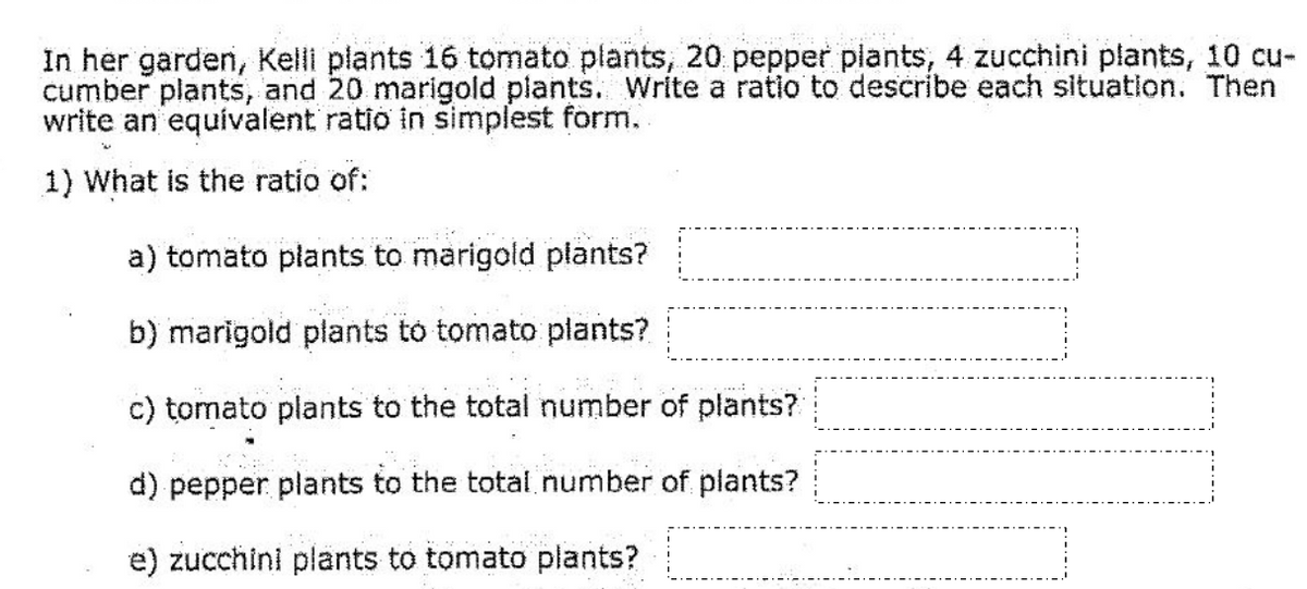 In her garden, Kelli plants 16 tomato plants, 20 pepper plants, 4 zucchini plants, 10 cu-
cumber plants, and 20 marigold plants. Write a ratio to describe each situation. Then
write an equívalent ratio in simplest form.
1) What is the ratio of:
a) tomato plants to marigold plants?
b) marigold plants tó tomato plants?
c) tomato plants to the total number of plants?
d) pepper plants to the total number of plants?
e) zucchini plants to tomato plants?
