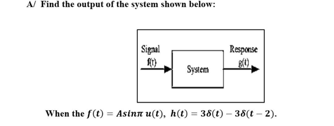 A/ Find the output of the system shown below:
Response
Signal
f(t)
System
When the f(t) = Аsinn u(t), h(t) = 38(t) — 38(t – 2).