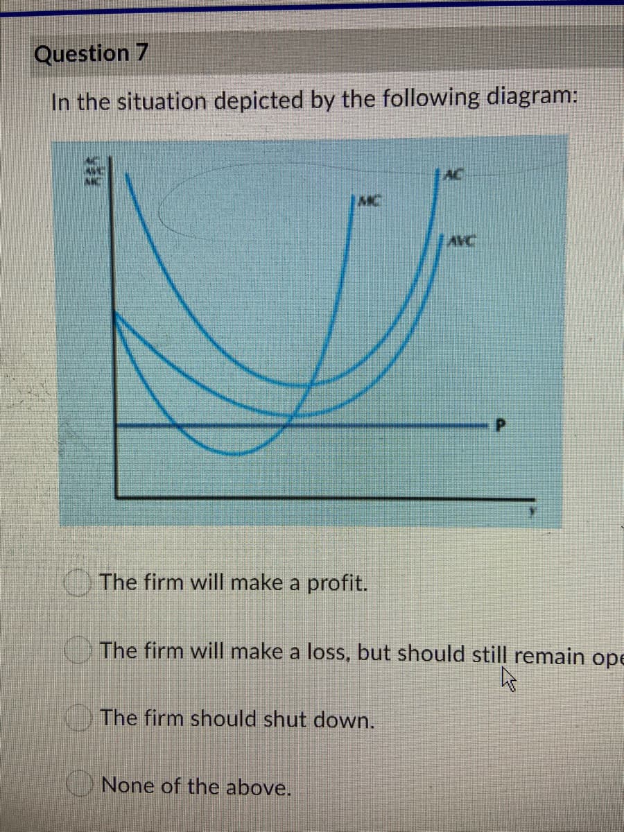 Question 7
In the situation depicted by the following diagram:
AC
AIC
MC
AVC
The firm will make a profit.
The firm will make a loss, but should still remain ope
The firm should shut down.
None of the above.
