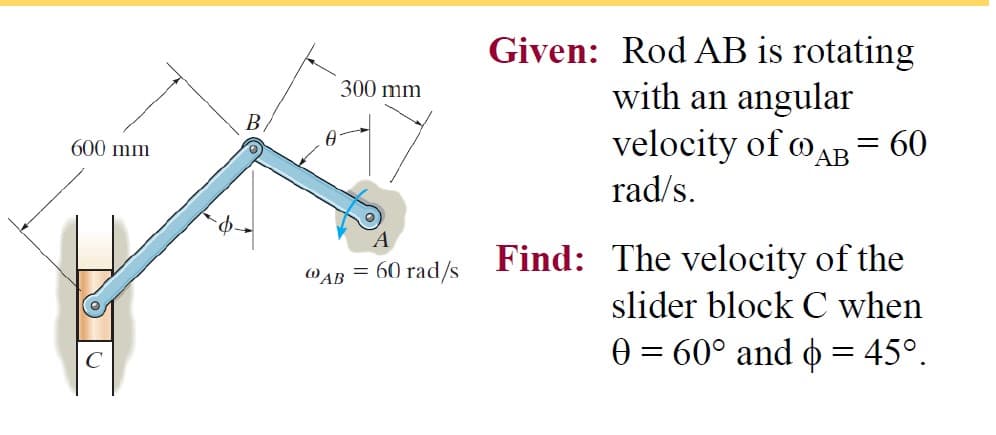 Given: Rod AB is rotating
with an angular
velocity of oAB = 60
300 mm
B.
600 mm
АВ
rad/s.
@AB = 60 rad/s Find: The velocity of the
slider block C when
0 = 60° and o = 45°.
