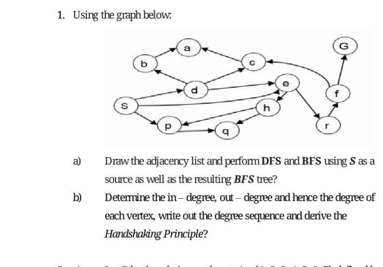 1. Using the graph below.
G
a
b
d
h
p
a)
Draw the adjacency list and perfom DFS and BFS using S as a
source as well as the resulting BFS tree?
b)
Detemine the in– degree, out – degree and hence the degree of
each vertex, write out the degree sequence and derive the
Handshaking Principle?
