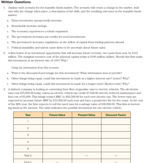 Written Questions
1. Analyze each scenario for the loanable funds market. The scenario will create a change in the market. Indi-
cate why the change takes place, a description of the shift, and the resulting outcomes in the loanable funds
market.
a. Firms inventories unexpectedly increase.
b. Households increase savings.
c. The economy experiences a robust expansion.
d. The government increases tax credits for novel investments.
e. The government increases regulations on the inflow of capital from trading partners abroad.
f. Political instability and unrest cause firms to be uncertain about future sales.
2. A firm learns of an investment opportunity that will increase future revenue, two years from now, by $121
million. The marginal resource cost of the physical capital today is $100 million dollars. Should this firm make
this investment at an interest rate of 10% ? Why?
Using the information from this scenario:
a. What is the discounted percentage for this investment? What information does it provide?
b. Other things being equal, could this investment be made at a higher interest rate? Lower? Why?
c. Other things being equal, could this investment be made for a longer term? Shorter term? Why?
3. A delivery company is looking at converting their fleet of gasoline vans to electric vehicles. The all electric
vans cost $75,000.00 today, minus an electric vehicle tax credit $7,500.00 and the reduced maintenance and
fuel cost of $5,000. This brings today's MRC to $62,500.00 for each new electric van. The newer vans are
expected to increase future MRP by $12,000.00 each year and have a productive life for five years. At the end
of the fifth year, the firm expects to sell the used vans for a salvage value of $30,000.00. This firm is borrow-
ing funds at 6% interest. The table indicates the possible investment for one electric vehicle.
Future Value
Present Value
Discount Factor
Year
1
2
3
4
5
Total V.
Total V