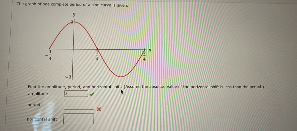 The graph of one complete period of a sine curve is given.
y
4
-3
Find the amplitude, period, and horizontal shift. (Assume the absolute value of the horizontal shift is less than the period.)
A
amplitude
3
period
x
horizontal shift