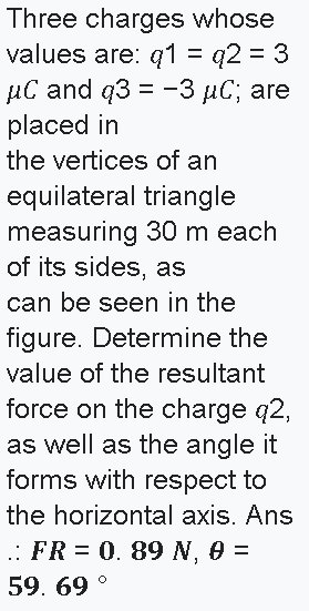 Three charges whose
values are: q1 = q2 = 3
µC and q3 = -3 µC; are
placed in
%3D
the vertices of an
equilateral triangle
measuring 30 m each
of its sides, as
can be seen in the
figure. Determine the
value of the resultant
force on the charge q2,
as well as the angle it
forms with respect to
the horizontal axis. Ans
