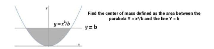 Find the center of mass defined as the area between the
parabola Y = x'/b and the line Y b
y= b

