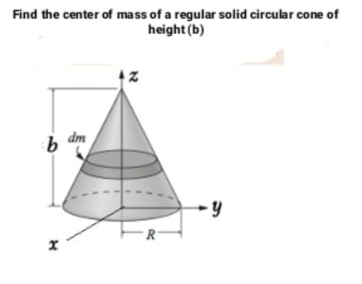 Find the center of mass of a regular solid circular cone of
height (b)
dm
R
