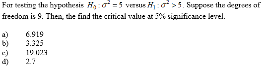 For testing the hypothesis H,:o =5 versus H1:0 >5. Suppose the degrees of
freedom is 9. Then, the find the critical value at 5% significance level.
a)
b)
c)
d)
6.919
3.325
19.023
2.7

