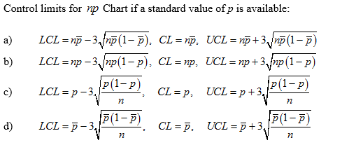 Control limits for np Chart if a standard value of p is available:
a)
LCL = np – 3,fnp(1- p), CL=np, UCL = np+ 3,/np(1-P)
b)
LCL%3D пр - 3 пр(1-р), CL%3D пр, UCL%3D пр +3, пр(1-р)
P(1-p)
P(1-P)
c)
LCL = p – 3,
CL = p, UCL=p+3,|
F(1-F)
P(1-F)
d)
LCL = p – 3,|
CL = F, UCL= 5 + 3,
