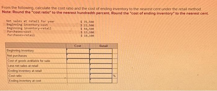 From the following, calculate the cost ratio and the cost of ending inventory to the nearest cent under the retail method.
Note: Round the "cost ratio" to the nearest hundredth percent. Round the "cost of ending inventory" to the nearest cent.
Net sales at retail for year
Beginning inventory-cost
Beginning inventory-retail
Purchases-cost
Purchases-retail
Beginning inventory
Net purchases
Cost of goods available for sale
Less net sales at retail
Ending inventory at retail
Cost ratio
Ending inventory at cost
$ 35,500
$ 22,500
$ 44,500
$ 13,100
$ 18,100
Cost
Retail
%
