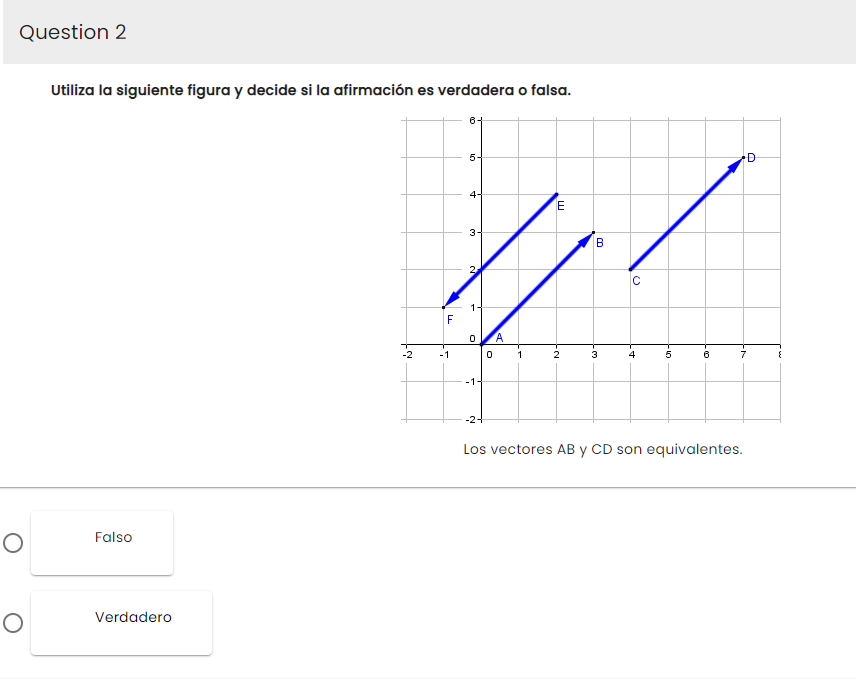 Question 2
O
O
Utiliza la siguiente figura y decide si la afirmación es verdadera o falsa.
Falso
Verdadero
F
-1
5-
4-
3-
لا
C
1
0
-1-
-24
0
A
1
E
2
B
3
4
-10
5
20
Los vectores AB y CD son equivalentes.
D