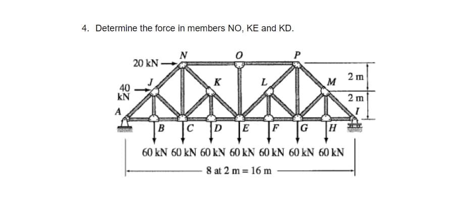 4. Determine the force in members NO, KE and KD.
P
N
20 kN -
K
L
2 m
M
40
kN
2 m
A
B
cD
C
E
F
H
60 kN 60 kN 60 kN 60 kN 60 kN 60 kN 60 kN
8 at 2 m = 16 m
