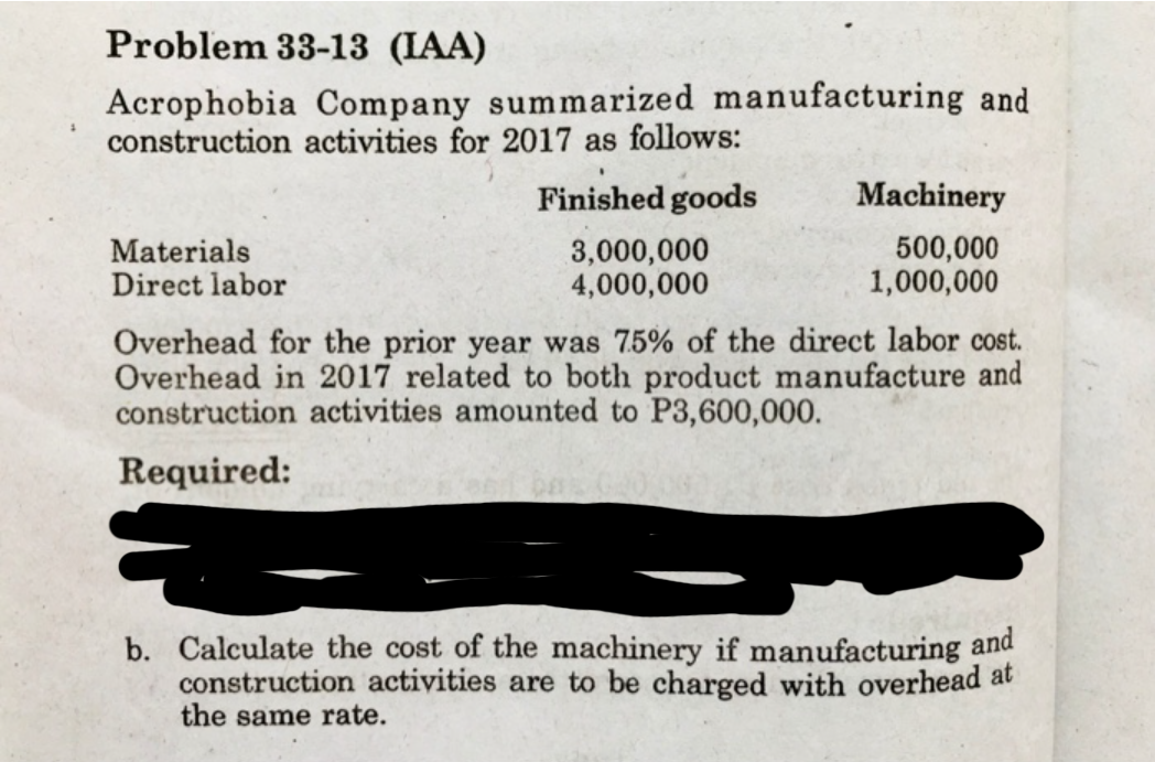 Problem 33-13 (IAA)
Acrophobia Company summarized manufacturing and
construction activities for 2017 as follows:
Finished goods
Machinery
Materials
Direct labor
3,000,000
4,000,000
500,000
1,000,000
Overhead for the prior year was 75% of the direct labor cost.
Overhead in 2017 related to both product manufacture and
construction activities amounted to P3,600,000.
Required:
b. Calculate the cost of the machinery if manufacturing and
construction activities are to be charged with overhead at
the same rate.
