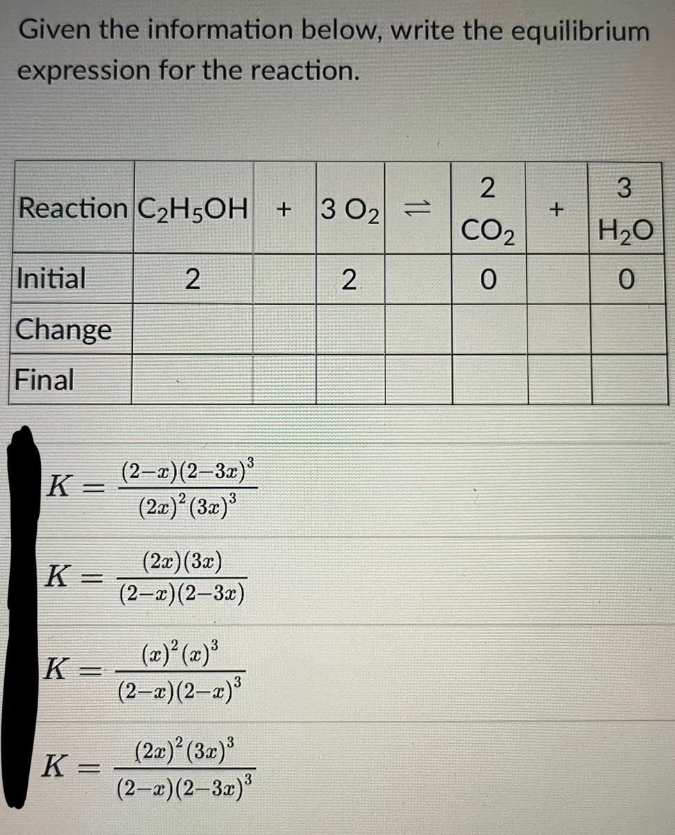 Given the information below, write the equilibrium
expression for the reaction.
Reaction C₂H5OH + 3 0₂ =
Initial
Change
Final
K=
K=
K=
K=
2
(2-x)(2-3x)³
(2x)² (3x)³
(2x)(3x)
(2-x)(2-3x)
(x)²(x)³
(2-x)(2-x)³
(2x)² (3x)³
(2-x)(2-3x)³
2
2
CO2
0
+
3
H₂O
0