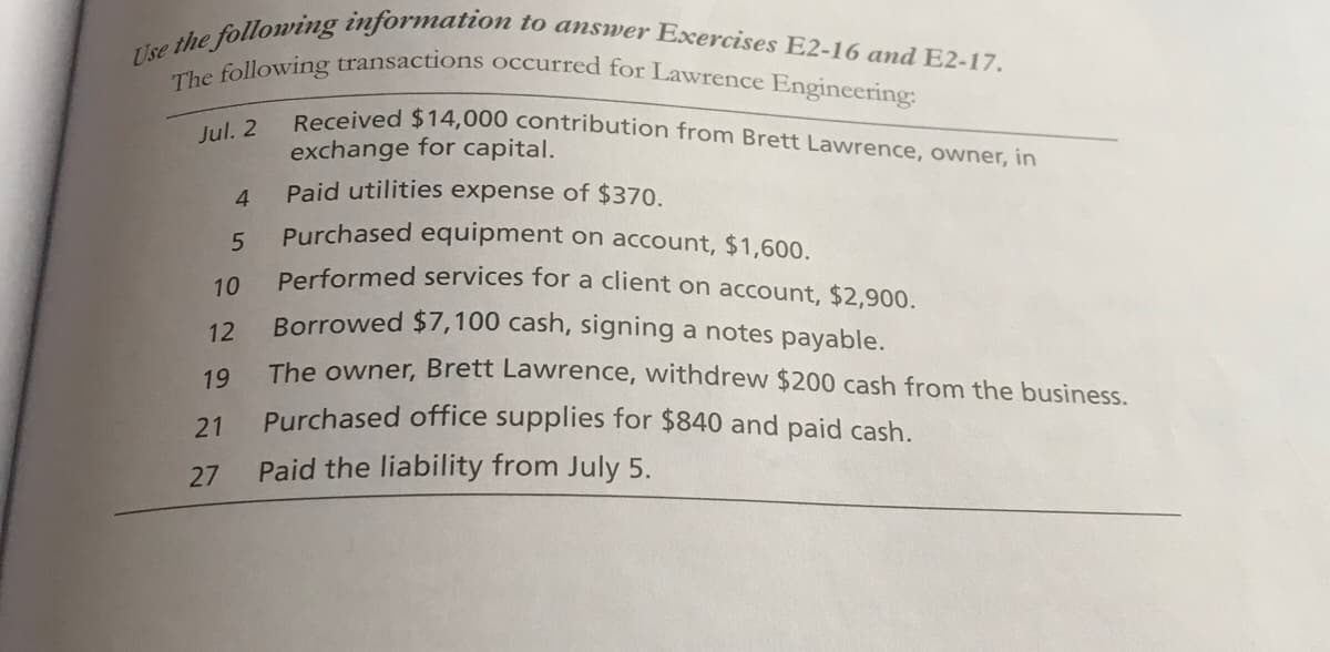 The following transactions occurred for Lawrence Engineering:
Peceived $14,000 contribution from Brett Lawrence, owner, in
Jul. 2
exchange for capital.
Paid utilities expense of $370.
4.
Purchased equipment on account, $1,600.
Performed services for a client on account, $2,900.
10
Borrowed $7,100 cash, signing a notes payable.
12
The owner, Brett Lawrence, withdrew $200 cash from the business.
19
Purchased office supplies for $840 and paid cash.
21
27
Paid the liability from July 5.
