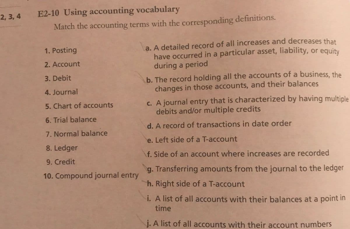 2, 3, 4
E2-10 Using accounting vocabulary
Match the accounting terms with the corresponding definitions.
a. A detailed record of all increases and decreases that
have occurred in a particular asset, liability, or equity
during a period
1. Posting
2. Account
3. Debit
b. The record holding all the accounts of a business, the
changes in those accounts, and their balances
4. Journal
c. A journal entry that is characterized by having multiple
debits and/or multiple credits
5. Chart of accounts
6. Trial balance
d. A record of transactions in date order
7. Normal balance
e. Left side of a T-account
8. Ledger
f. Side of an account where increases are recorded
9. Credit
g. Transferring amounts from the journal to the ledger
10. Compound journal entry
h. Right side of a T-account
i. A list of all accounts with their balances at a point in
time
j. A list of all accounts with their account numbers

