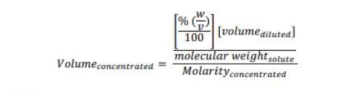 W.
100
[volume ditutea)
molecular weightsolute
Molarityconcentrated
Volumeconcentrated =
%3D
