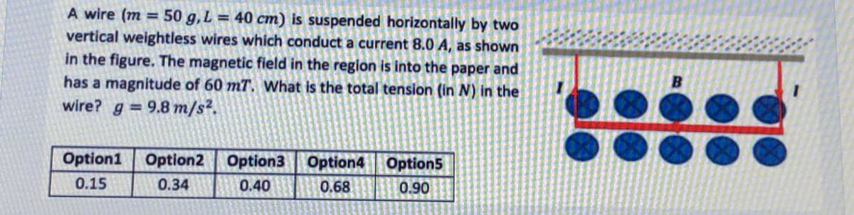 A wire (m = 50 g,L = 40 cm) is suspended horizontally by two
vertical weightless wires which conduct a current 8.0 A, as shown
in the figure. The magnetic field in the region is into the paper and
has a magnitude of 60 mT. What is the total tension (in N) in the
wire? g = 9.8 m/s².
Option1
Option2 Option3 Option4
Option5
0.15
0.34
0.40
0.68
0.90
