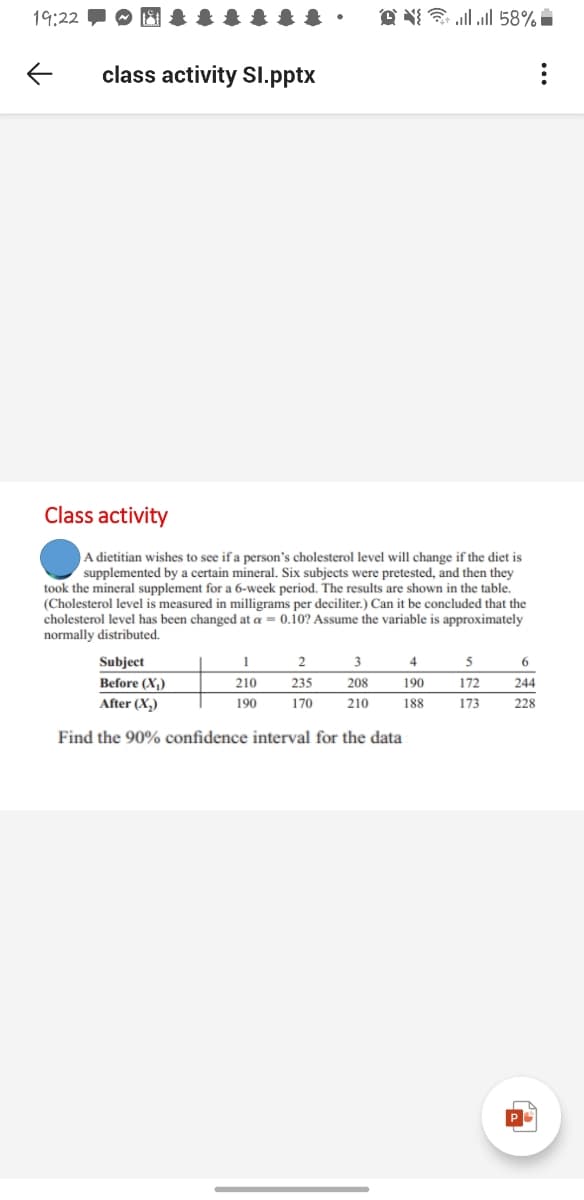 19:22
class activity Sl.pptx
Class activity
dietitian wishes to see if a person's cholesterol level will change if the diet is
supplemented by a certain mineral. Six subjects were pretested, and then they
took the mineral supplement for a 6-week period. The results are shown in the table.
(Cholesterol level is measured in milligrams per deciliter.) Can it be concluded that the
cholesterol level has been changed at a = 0.10? Assume the variable is approximately
normally distributed.
Subject
1
3
5
Before (X,)
210
235
208
190
172
244
After (X,)
190
170
210
188
173
228
Find the 90% confidence interval for the data
