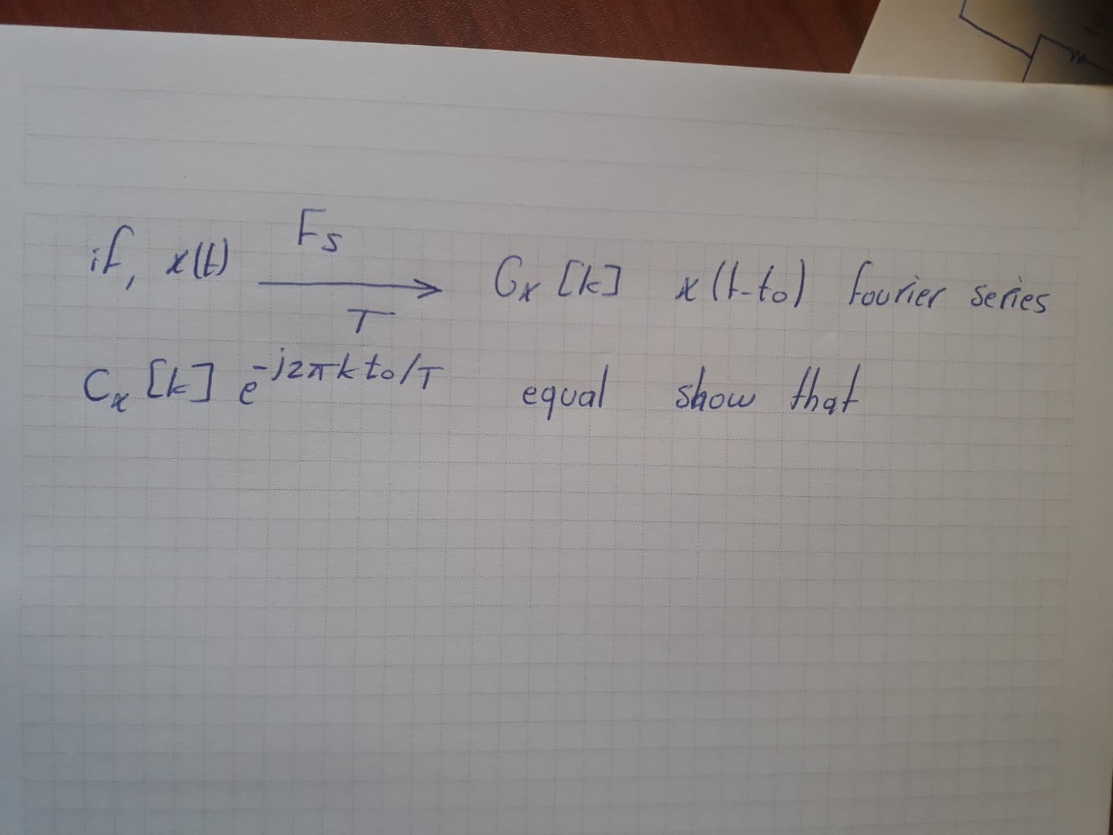 Fs
if, al
Gr Ck] x(to) fourier Series
->
Se ries
C, [k] ¿ iznk to/T
equal show that
