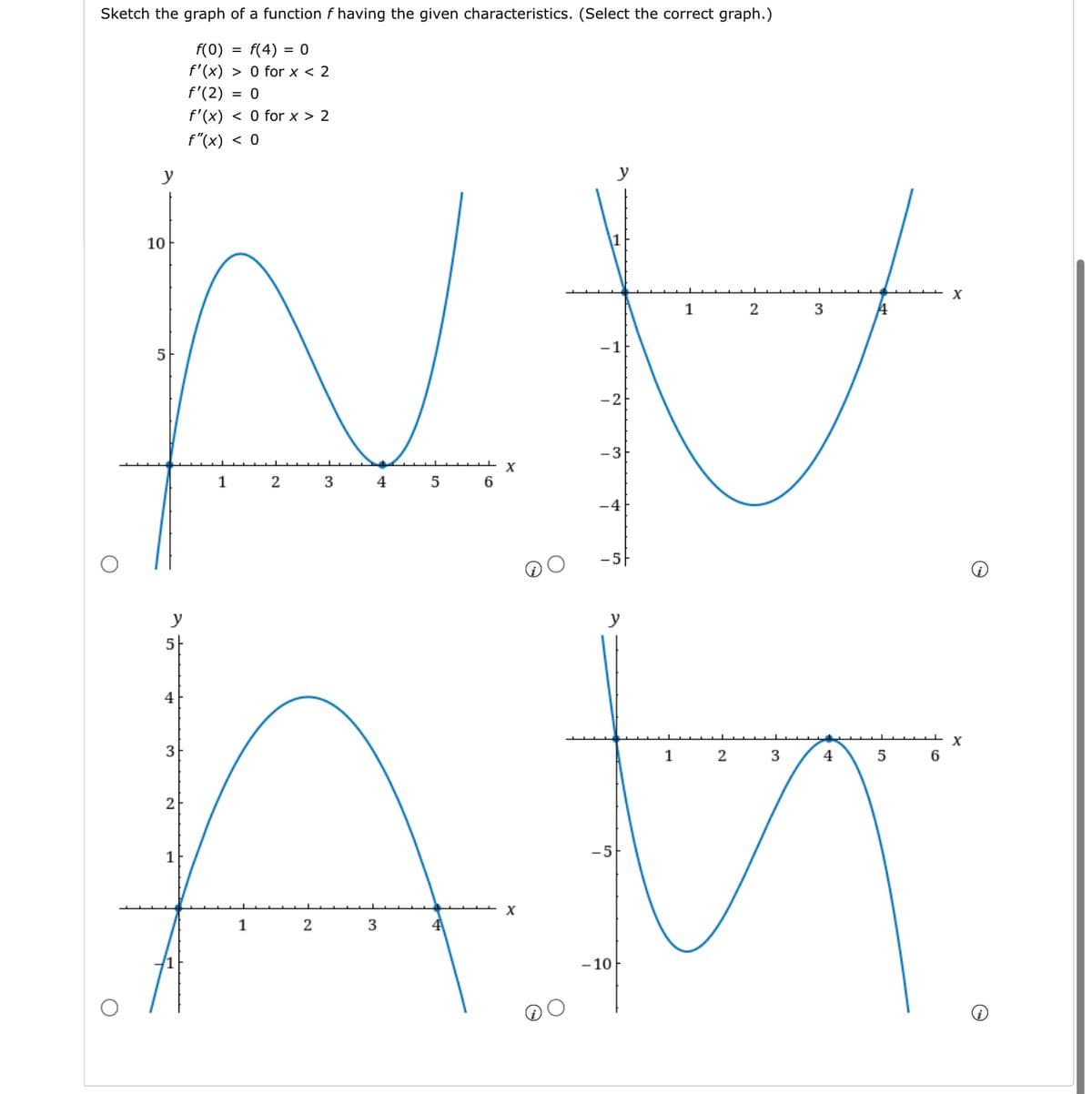 Sketch the graph of a function f having the given characteristics. (Select the correct graph.)
f(0) = f(4) = 0
f'(x) > 0 for x < 2
#
f'(2) = 0
f'(x) < 0 for x > 2
f"(x) < 0
y
1
2
-1
-2
-3
4
5
6
-4
-5
WN
Att
1
2
X
3
4
-10
10
5
y
5
4
3
2
1
1
1
2
2
3
3
3
4
A
5
6
X
X