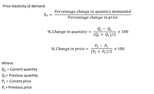 Price elasticity of demand
Percentage change in quantity demanded
Ep :
Percentage change in price
Q2 - Q1
x 100
(Q2 + Q1)/2
% Change in quantity
Р. — Р.
% Change in price =
(P2 +
x 100
+ P1)/2
Where:
Q2 = Current quantity
Q1= Previous quantity
P2 = Current price
P,= Previous price
