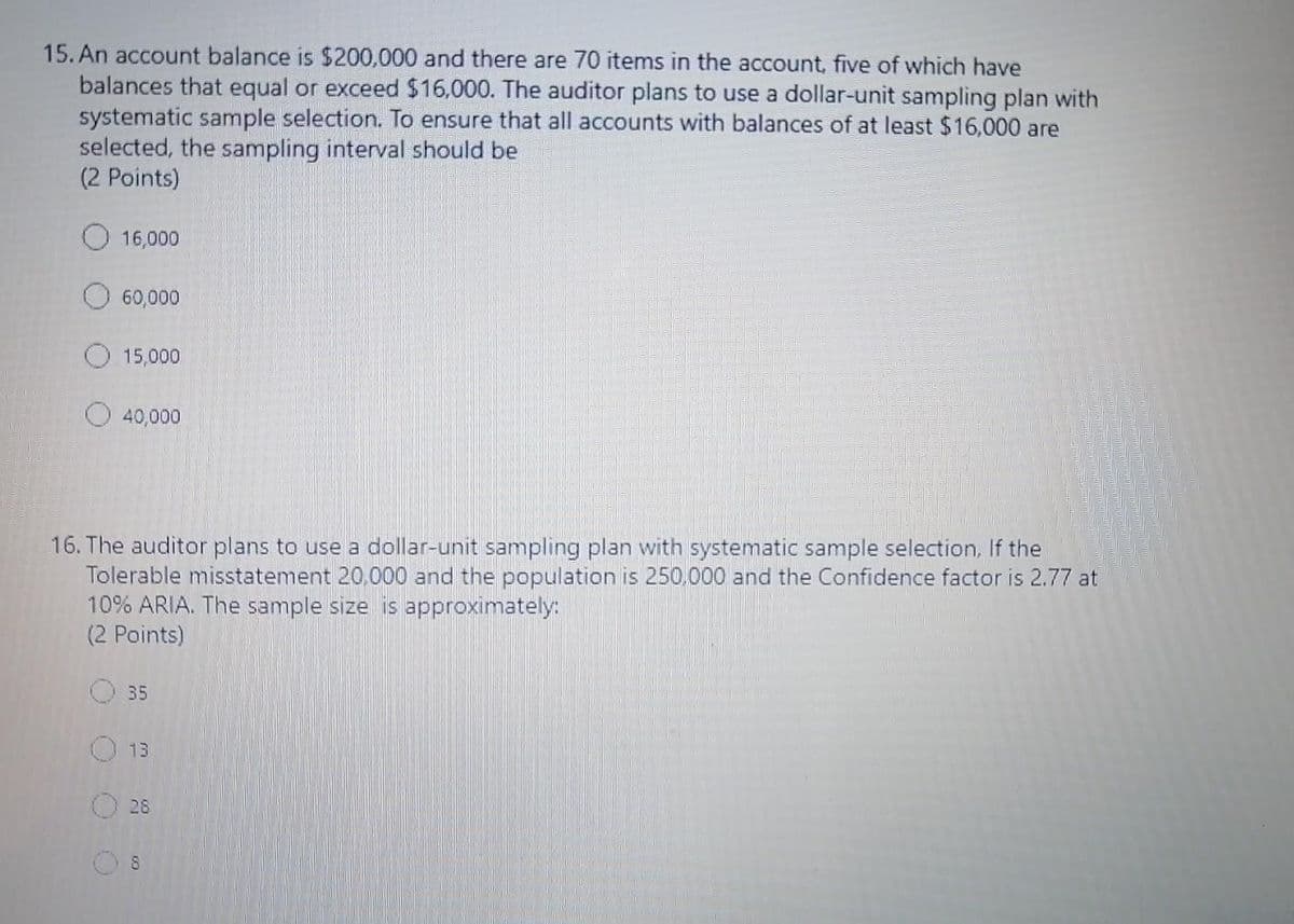 15. An account balance is $200,000 and there are 70 items in the account, five of which have
balances that equal or exceed $16,000. The auditor plans to use a dollar-unit sampling plan with
systematic sample selection. To ensure that all accounts with balances of at least $16,000 are
selected, the sampling interval should be
(2 Points)
16,000
60,000
15,000
O 40,000
16. The auditor plans to use a dollar-unit sampling plan with systematic sample selection, If the
Tolerable misstatement 20,000 and the population is 250,000 and the Confidence factor is 2.77 at
10% ARIA. The sample size is approximately:
(2 Points)
35
13
28
8
