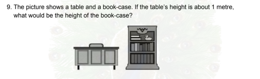 9. The picture shows a table and a book-case. If the table's height is about 1 metre,
what would be the height of the book-case?
