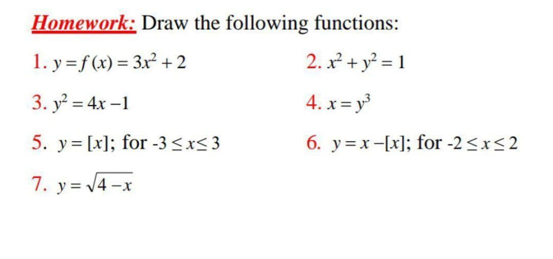 Homework: Draw the following functions:
1. y=f(x) = 3x² +2
2. x² + y? = 1
3. y = 4x –1
4. x = y
5. y= [x]; for -3<x< 3
6. y=x-[x]; for -2<x<2
7. y= v
= 14 -2
