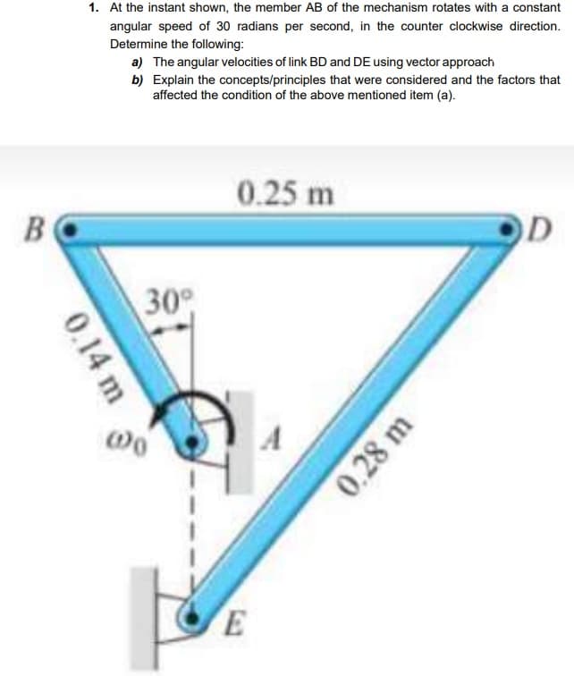 1. At the instant shown, the member AB of the mechanism rotates with a constant
angular speed of 30 radians per second, in the counter clockwise direction.
Determine the following:
a) The angular velocities of link BD and DE using vector approach
b) Explain the concepts/principles that were considered and the factors that
affected the condition of the above mentioned item (a).
0.25 m
OD
30°
E
0.14 m
0.28 m
