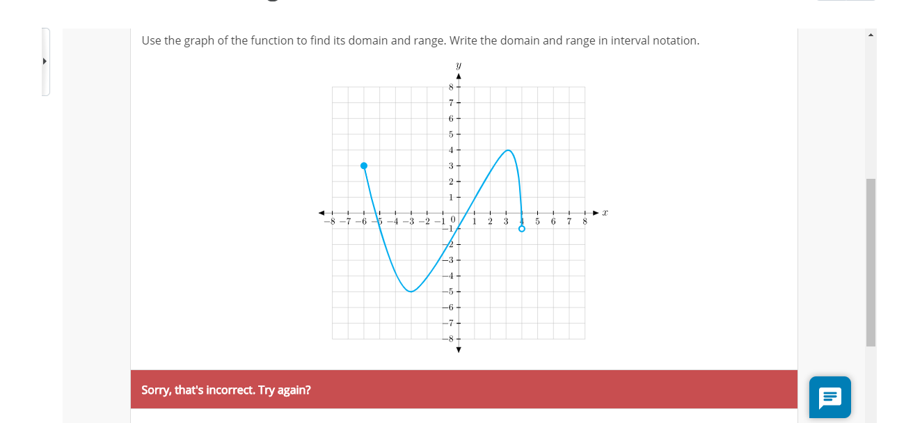 Use the graph of the function to find its domain and range. Write the domain and range in interval notation.
8-
7
6
5
4
3
