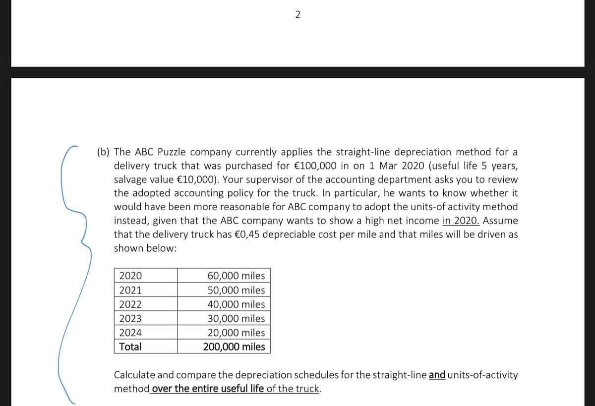 (b) The ABC Puzzle company currently applies the straight-line depreciation method for a
delivery truck that was purchased for €100,000 in on 1 Mar 2020 (useful life
salvage value €10,000). Your supervisor of the accounting department asks you to review
the adopted accounting policy for the truck. In particular, he wants to know whether it
would have been more reasonable for ABC company to adopt the units-of activity method
instead, given that the ABC company wants to show a high net income in 2020. Assume
that the delivery truck has €0,45 depreciable cost per mile and that miles will be driven as
years,
shown below:
60,000 miles
50,000 miles
40,000 miles
30,000 miles
20,000 miles
200,000 miles
2020
2021
2022
2023
2024
Total
Calculate and compare the depreciation schedules for the straight-line and units-of-activity
method over the entire useful life of the truck.
