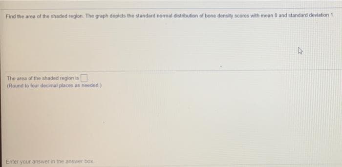 Find the area of the shaded region. The graph depicts the standard normal distribution of bone density scores with mean 0 and standard deviation 1.
The area of the shaded region is
(Round to four decimal places as needed)
Enter your answer in the answer box
