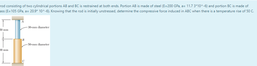 rod consisting of two cylindrical portions AB and BC is restrained at both ends. Portion AB is made of steel (E=200 GPa, a= 11.7 3*10^-6) and portion BC is made of
ass (E=105 GPa, a= 20.9* 10^-6). Knowing that the rod is initially unstressed, determine the compressive force induced in ABC when there is a temperature rise of 50 C.
- 30-mm diameter
0 mm
- 50-mm diameter
00 mm
