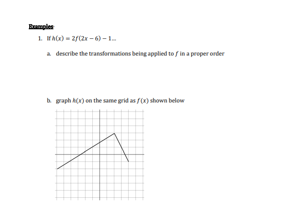 Examples
1. If h(x) = 2f(2x – 6) – 1.
a. describe the transformations being applied to f in a proper order
b. graph h(x) on the same grid as f(x) shown below
