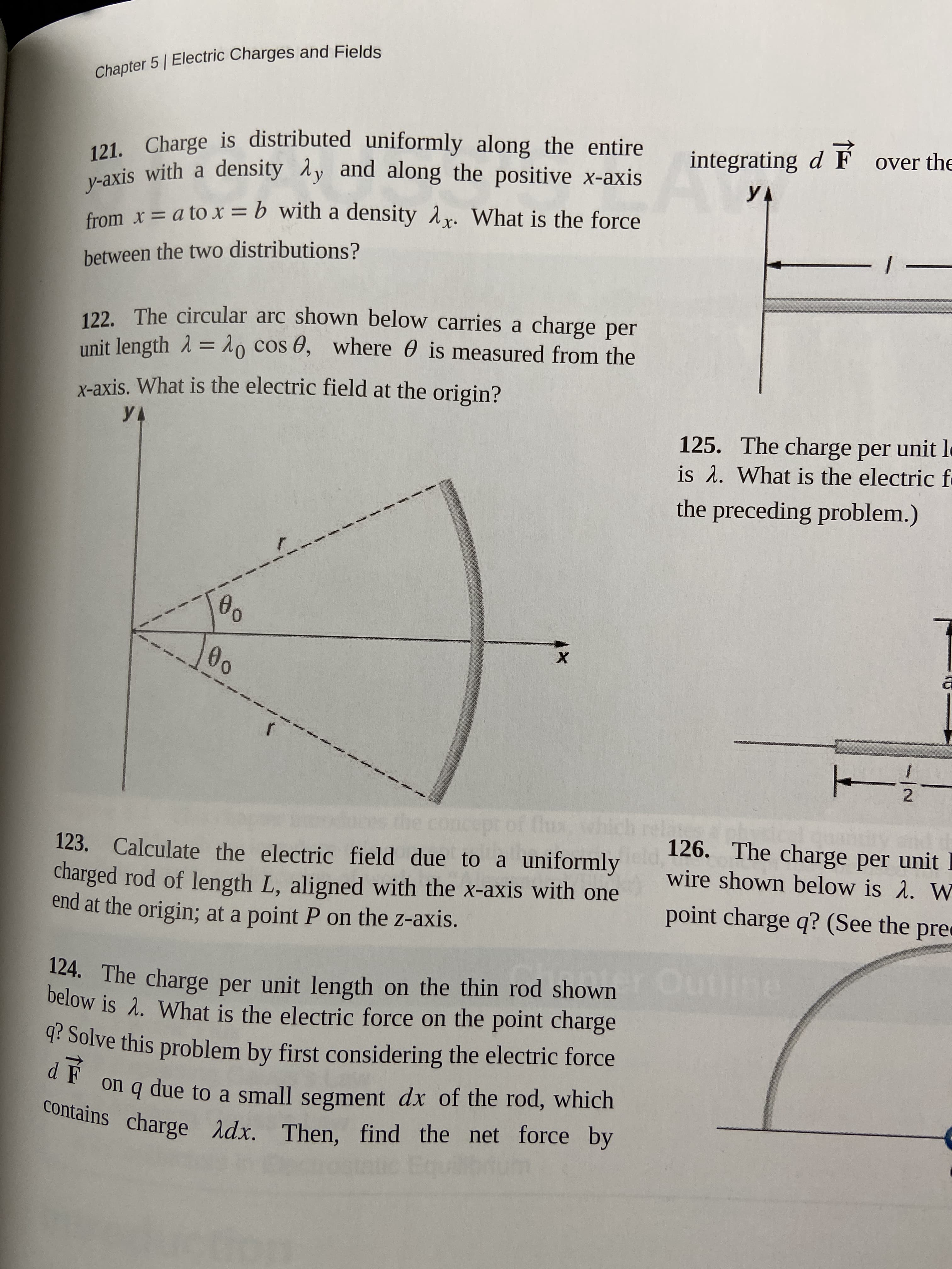 122. The circular arc shown below carries a charge per
unit length 1 = 10 cos 6, where 0 is measured from the
X-axis. What is the electric field at the origin?
00
00
