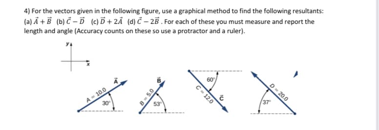 4) For the vectors given in the following figure, use a graphical method to find the following resultants:
(a) A + B (b) C-D (c) D+2A (d) C-2B. For each of these you must measure and report the
length and angle (Accuracy counts on these so use a protractor and a ruler).
4
A= 10.0
30°
B=5.0
53⁰
C = 12.0
60°
16₂
37°
D = 20.0