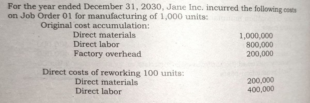For the year ended December 31, 2030, Jane Inc. incurred the following costs
on Job Order 01 for manufacturing of 1,000 units:
Original cost accumulation:
Direct materials
Direct labor
1,000,000
800,000
200,000
Factory overhead
Direct costs of reworking 100 units:
Direct materials
Direct labor
200,000
400,000
