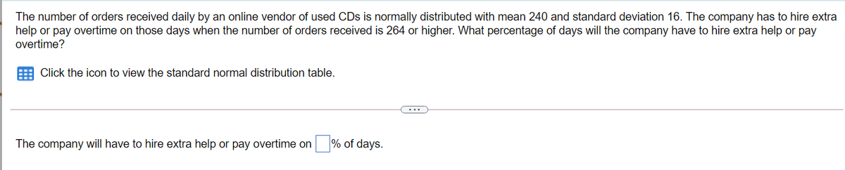 The number of orders received daily by an online vendor of used CDs is normally distributed with mean 240 and standard deviation 16. The company has to hire extra
help or pay overtime on those days when the number of orders received is 264 or higher. What percentage of days will the company have to hire extra help or pay
overtime?
Click the icon to view the standard normal distribution table.
The company will have to hire extra help or pay overtime on
% of days.
