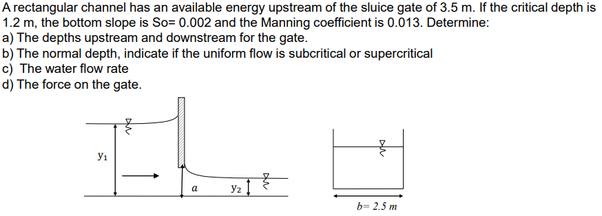 A rectangular channel has an available energy upstream of the sluice gate of 3.5 m. If the critical depth is
1.2 m, the bottom slope is So= 0.002 and the Manning coefficient is 0.013. Determine:
a) The depths upstream and downstream for the gate.
b) The normal depth, indicate if the uniform flow is subcritical or supercritical
c) The water flow rate
d) The force on the gate.
the
y1
a
y2
b= 2.5 m
