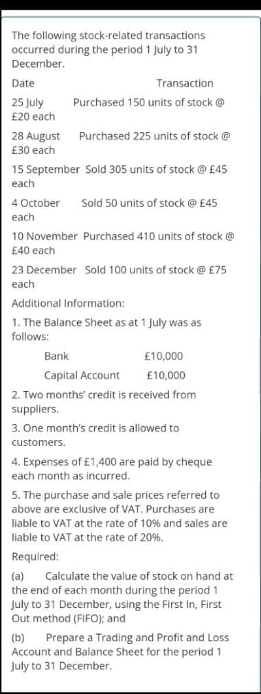 The following stock-related transactions
occurred during the period 1 July to 31
December.
Date
Transaction
25 July
Purchased 150 units of stock @
£20 each
28 August
Purchased 225 units of stock @
£30 each
15 September Sold 305 units of stock @ £45
each
4 October
Sold 50 units of stock @ £45
each
10 November Purchased 410 units of stock @
£40 each
23 December Sold 100 units of stock @ £75
each
Additional Information:
1. The Balance Sheet as at 1 July was as
follows:
Bank
£10,000
Capital Account
£10,000
2. Two months' credit is received from
suppliers.
3. One month's credit is allowed to
customers.
4. Expenses of £1,400 are paid by cheque
each month as incurred.
5. The purchase and sale prices referred to
above are exclusive of VAT. Purchases are
liable to VAT at the rate of 10% and sales are
liable to VAT at the rate of 20%.
Required:
Calculate the value of stock on hand at
(a)
the end of each month during the period 1
July to 31 December, using the First In, First
Out method (FIFO); and
Prepare a Trading and Profit and Loss
(b)
Account and Balance Sheet for the period 1
July to 31 December.
