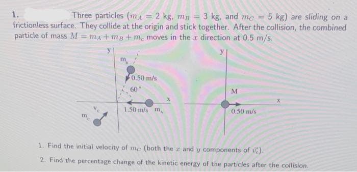 1.
Three particles (mA = 2 kg, mg
=
3 kg, and mc = 5 kg) are sliding on a
frictionless surface. They collide at the origin and stick together. After the collision, the combined
particle of mass M =MA+MB+ m₂ moves in the a direction at 0.5 m/s.
m
0.50 m/s
60°
M
X
1.50 m/s m
0.50 m/s
m
1. Find the initial velocity of me (both the r and y components of ).
2. Find the percentage change of the kinetic energy of the particles after the collision.