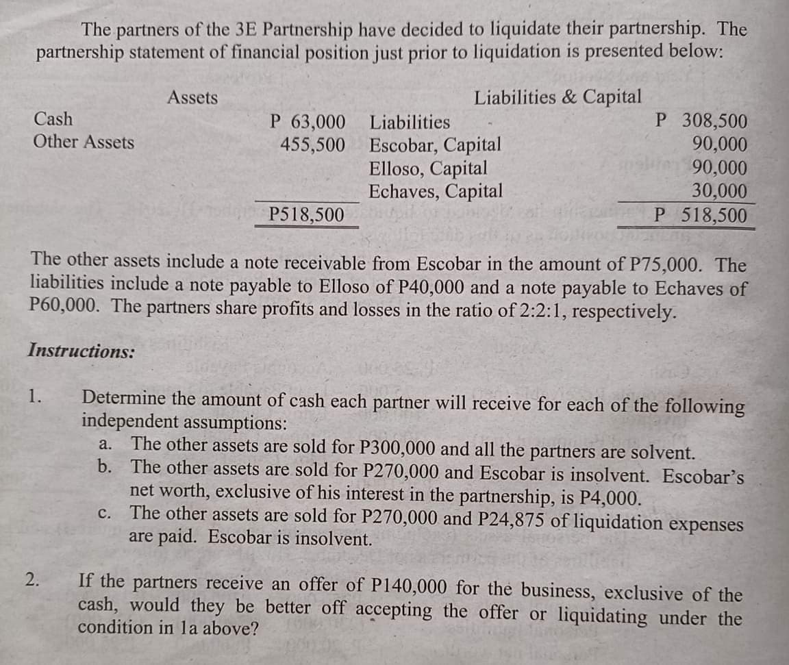 The partners of the 3E Partnership have decided to liquidate their partnership. The
partnership statement of financial position just prior to liquidation is presented below:
Assets
Liabilities & Capital
Cash
P 63,000
Liabilities
P 308,500
Other Assets
455,500
Escobar, Capital
90,000
Elloso, Capital
90,000
Echaves, Capital
30,000
P518,500
P 518,500
The other assets include a note receivable from Escobar in the amount of P75,000. The
liabilities include a note payable to Elloso of P40,000 and a note payable to Echaves of
P60,000. The partners share profits and losses in the ratio of 2:2:1, respectively.
Instructions:
1.
Determine the amount of cash each partner will receive for each of the following
independent assumptions:
a. The other assets are sold for P300,000 and all the partners are solvent.
b. The other assets are sold for P270,000 and Escobar is insolvent. Escobar's
net worth, exclusive of his interest in the partnership, is P4,000.
C.
The other assets are sold for P270,000 and P24,875 of liquidation expenses
are paid. Escobar is insolvent.
2.
If the partners receive an offer of P140,000 for the business, exclusive of the
cash, would they be better off accepting the offer or liquidating under the
condition in la above?