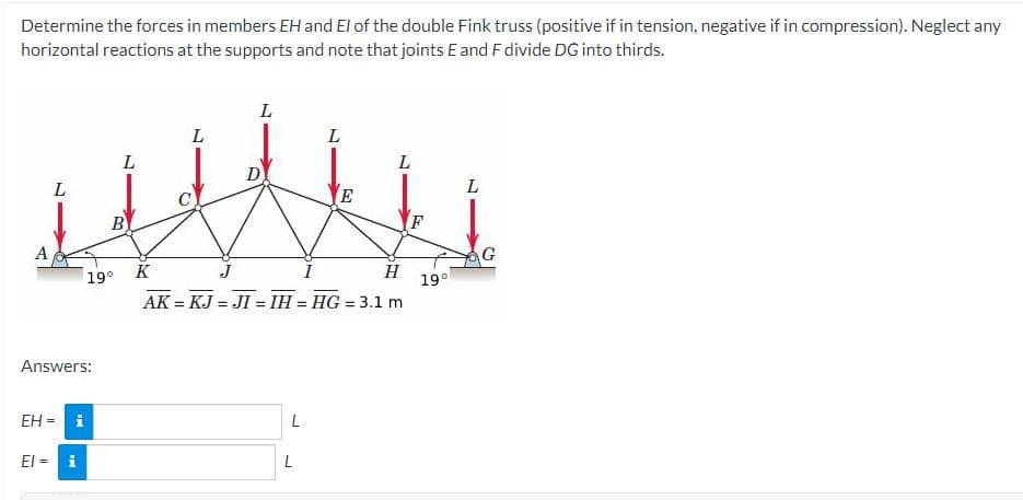 Determine the forces in members EH and El of the double Fink truss (positive if in tension, negative if in compression). Neglect any
horizontal reactions at the supports and note that joints E and F divide DG into thirds.
A
L
Answers:
EH = i
El = i
19°
L
B
L
L
L
L
L
E
K
H
AK = KJ = JI = IH = HG = 3.1 m
L
F
19°
L
G