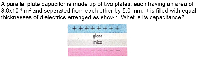 A parallel plate capacitor is made up of two plates, each having an area of
8.0x104 m? and separated from each other by 5.0 mm. It is filled with equal
thicknesses of dielectrics arranged as shown. What is its capacitance?
+ + + + + + ++
glass
mica

