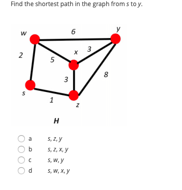 Find the shortest path in the graph from s to y.
6
y
2
x 3
5
8
3
1
H
a
S, Z, y
S, Z, X, y
S, W, y
d.
S, W, X, y
