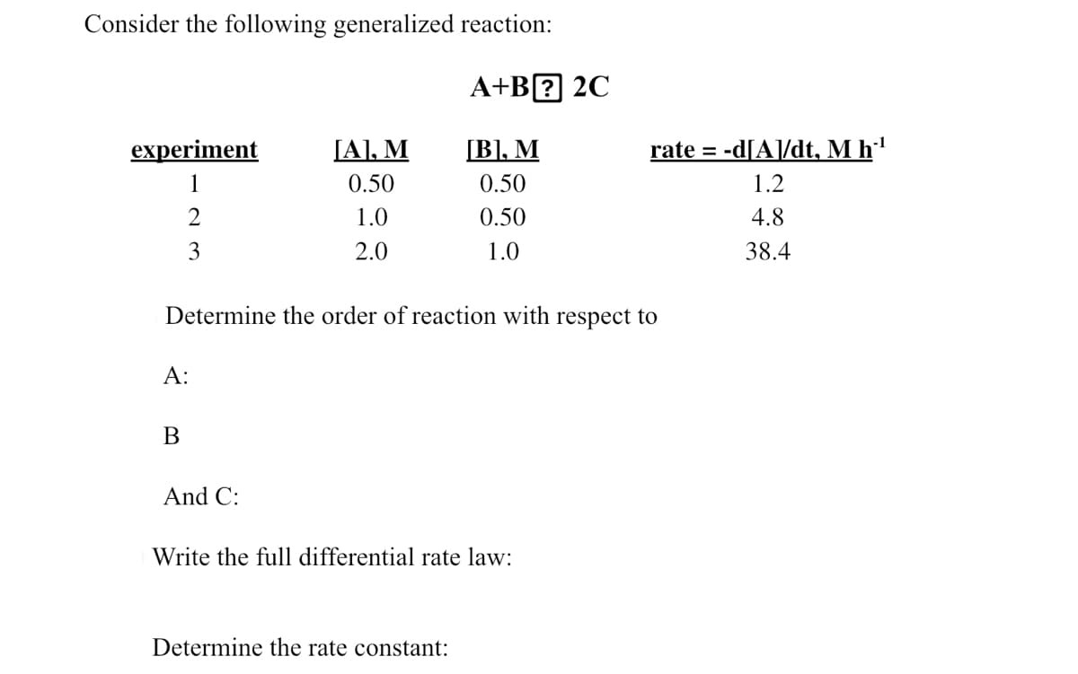 Consider the following generalized reaction:
A+B? 2C
experiment
[A], M
[B], M
rate = -d[A]/dt, M h'
1
0.50
0.50
1.2
2
1.0
0.50
4.8
3
2.0
1.0
38.4
Determine the order of reaction with respect to
A:
В
And C:
Write the full differential rate law:
Determine the rate constant:

